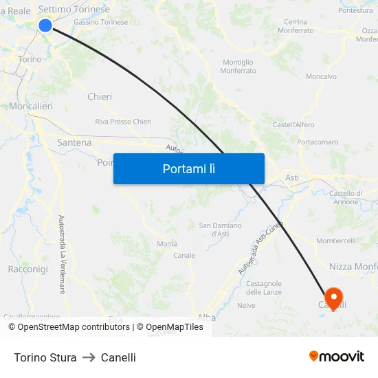 Torino Stura to Canelli map
