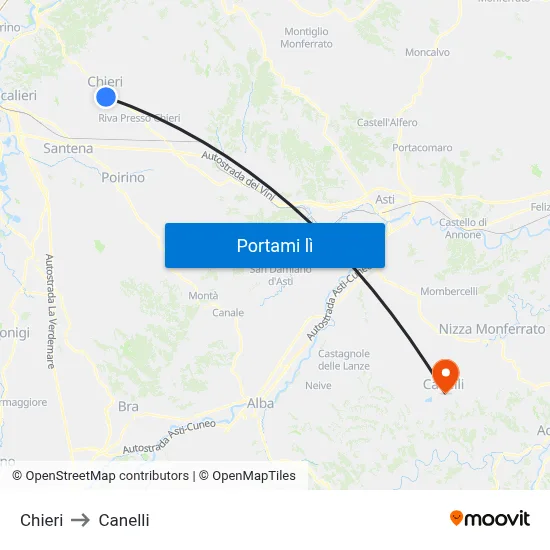 Chieri to Canelli map