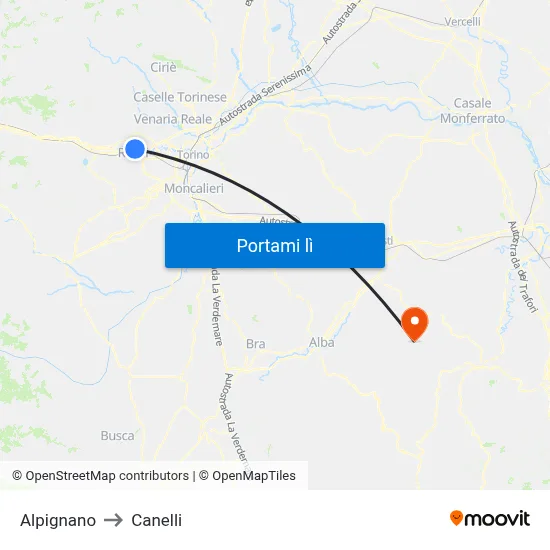 Alpignano to Canelli map