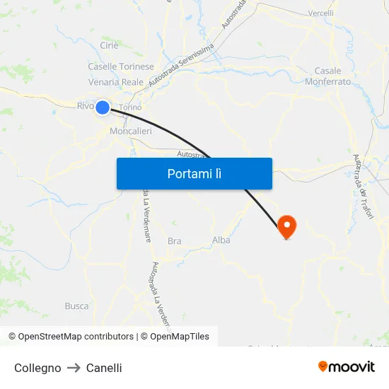 Collegno to Canelli map