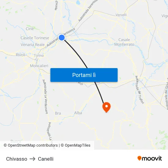 Chivasso to Canelli map