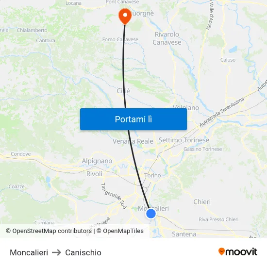 Moncalieri to Canischio map
