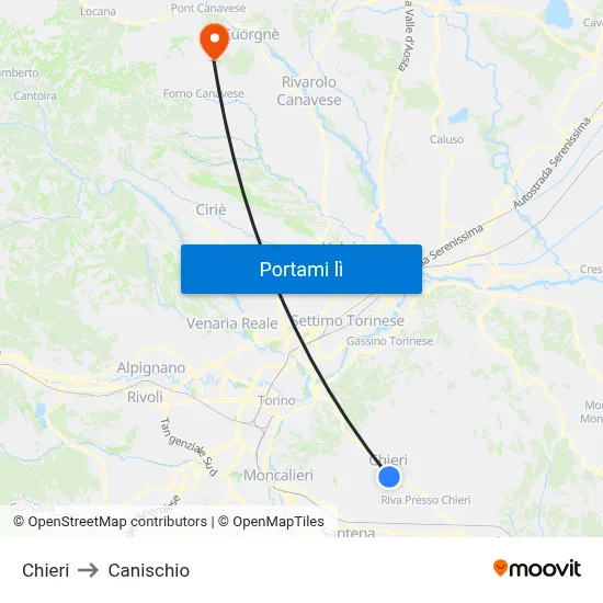 Chieri to Canischio map