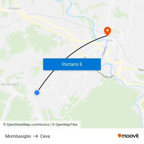 Mombasiglio to Ceva map