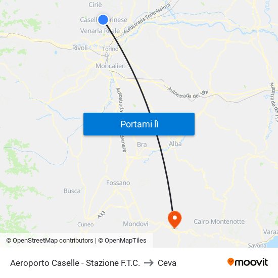 Aeroporto Caselle - Stazione F.T.C. to Ceva map