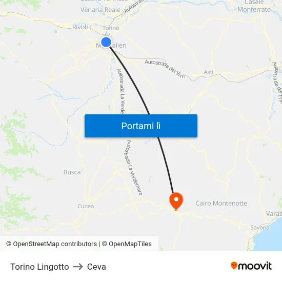 Torino Lingotto to Ceva map