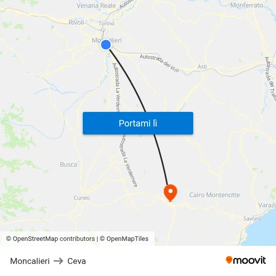 Moncalieri to Ceva map