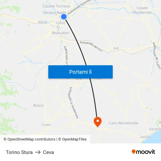 Torino Stura to Ceva map