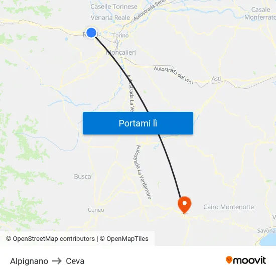Alpignano to Ceva map