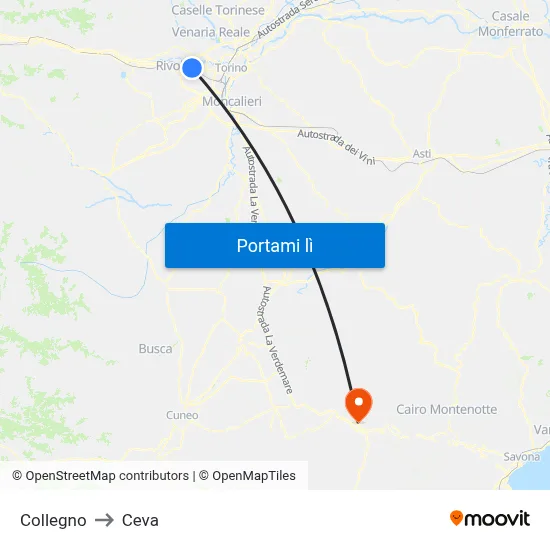 Collegno to Ceva map