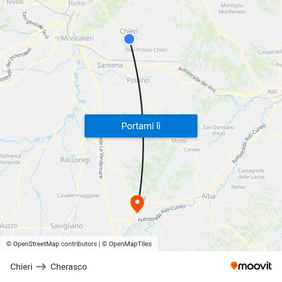 Chieri to Cherasco map
