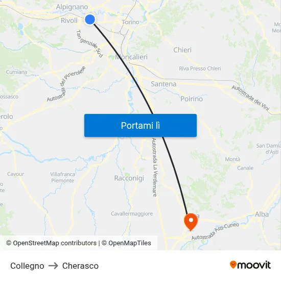 Collegno to Cherasco map