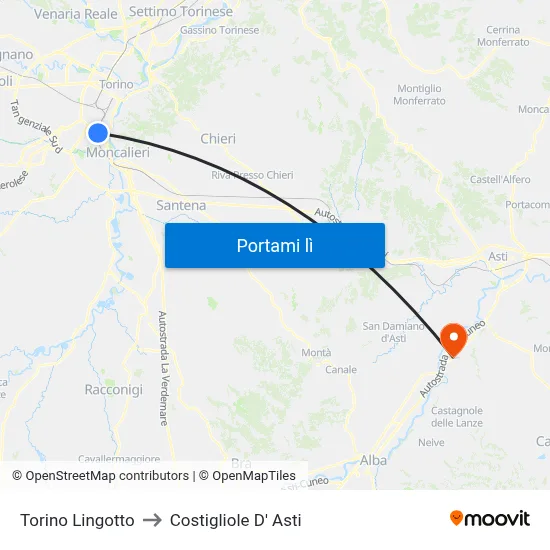 Torino Lingotto to Costigliole D' Asti map