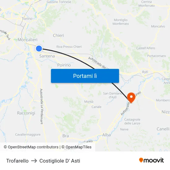 Trofarello to Costigliole D' Asti map