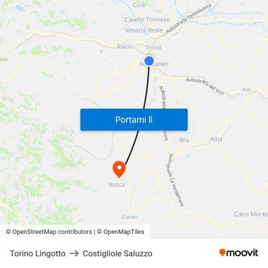 Torino Lingotto to Costigliole Saluzzo map
