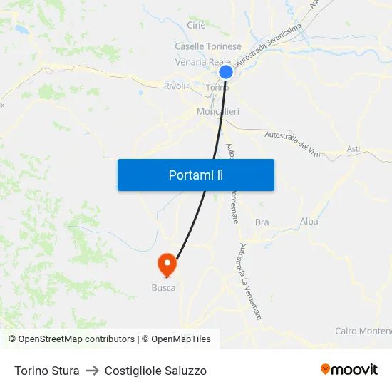 Torino Stura to Costigliole Saluzzo map