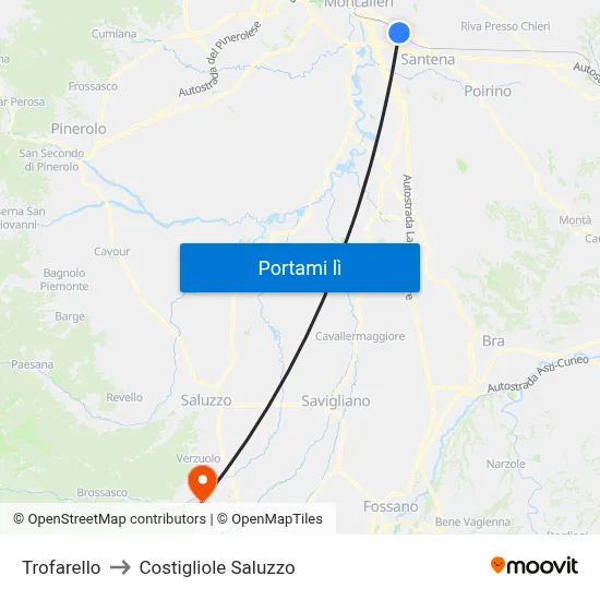 Trofarello to Costigliole Saluzzo map