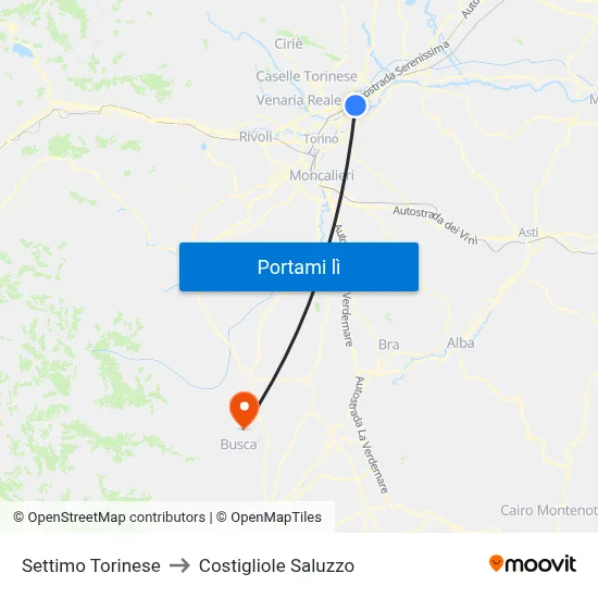 Settimo Torinese to Costigliole Saluzzo map