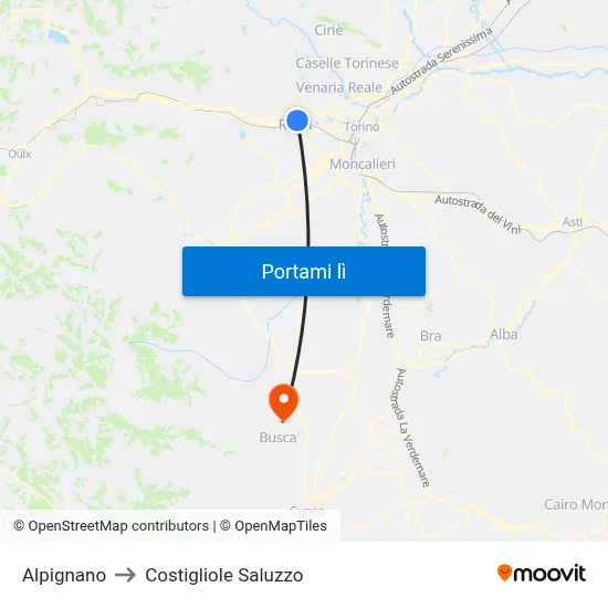 Alpignano to Costigliole Saluzzo map