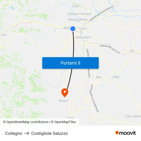 Collegno to Costigliole Saluzzo map