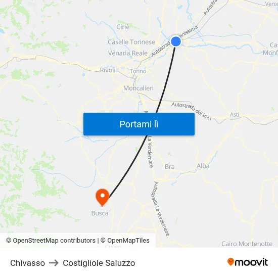 Chivasso to Costigliole Saluzzo map