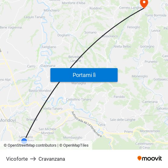 Vicoforte to Cravanzana map