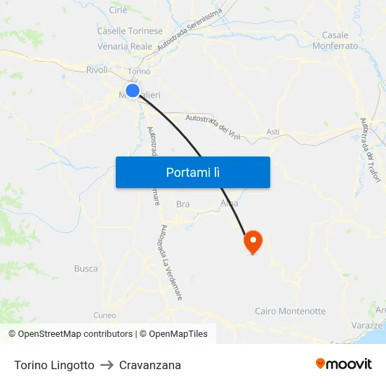 Torino Lingotto to Cravanzana map