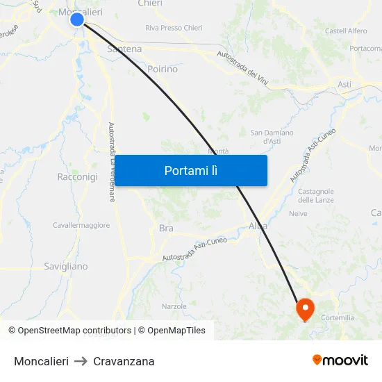 Moncalieri to Cravanzana map