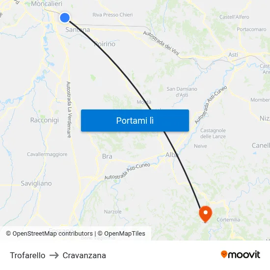 Trofarello to Cravanzana map