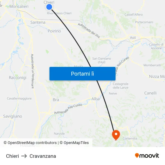 Chieri to Cravanzana map