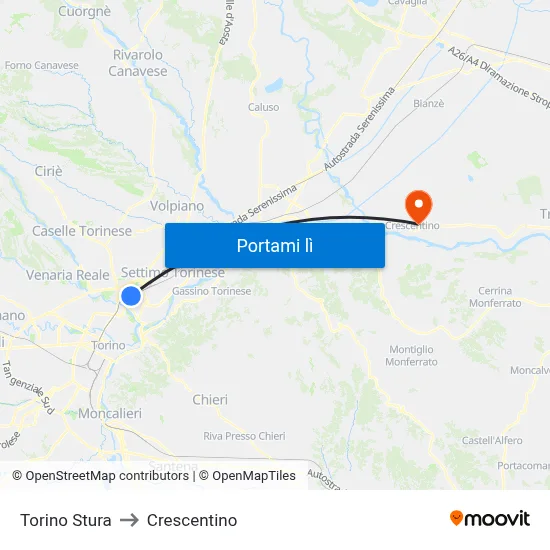 Torino Stura to Crescentino map