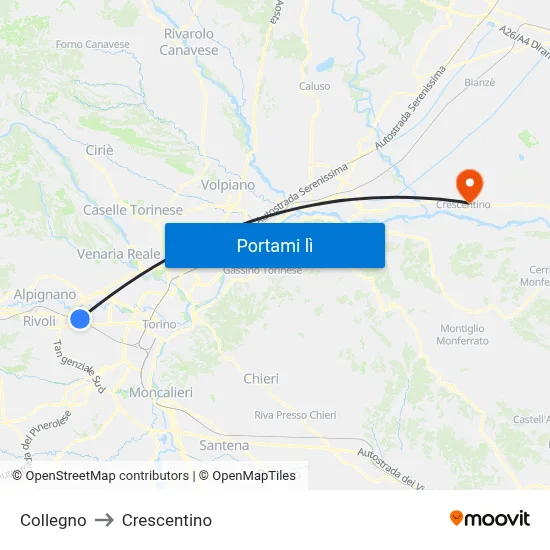 Collegno to Crescentino map