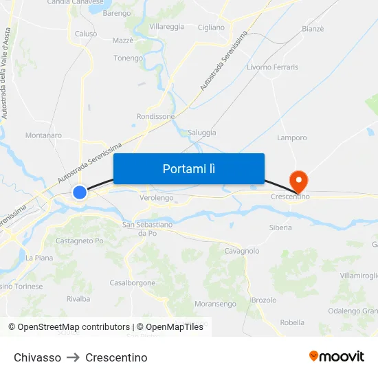 Chivasso to Crescentino map