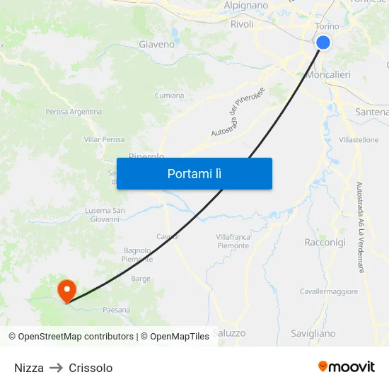 Nizza to Crissolo map