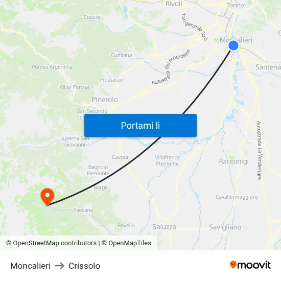 Moncalieri to Crissolo map