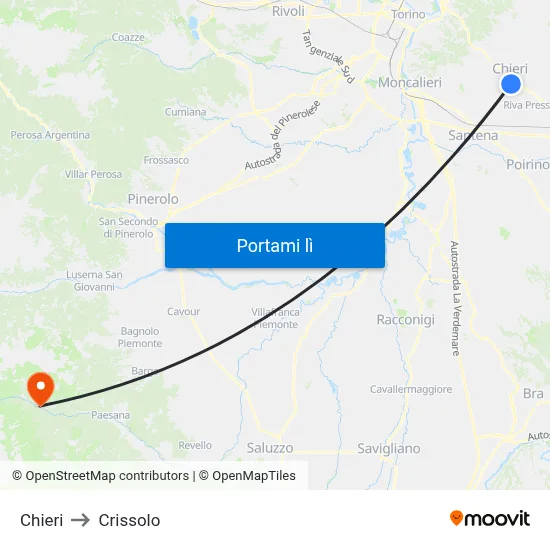 Chieri to Crissolo map