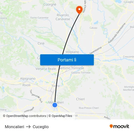 Moncalieri to Cuceglio map