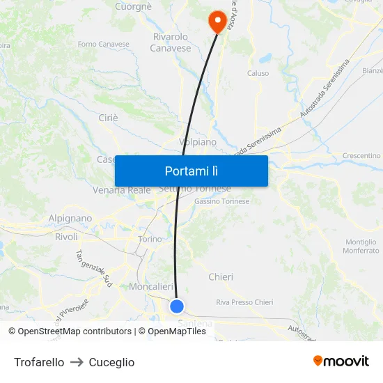 Trofarello to Cuceglio map