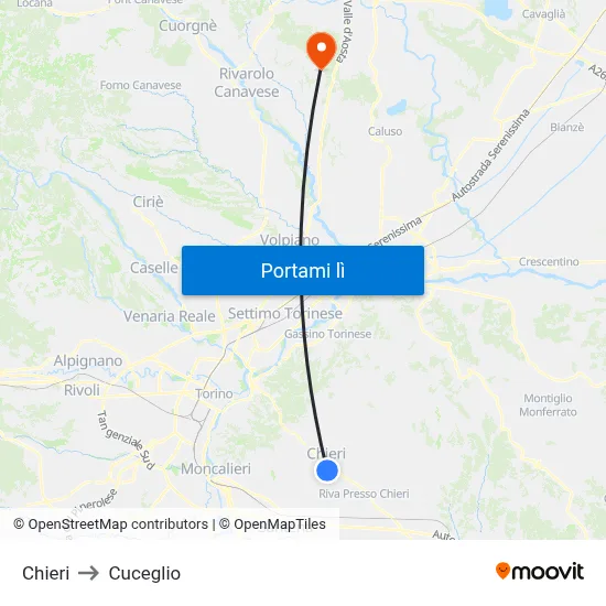 Chieri to Cuceglio map