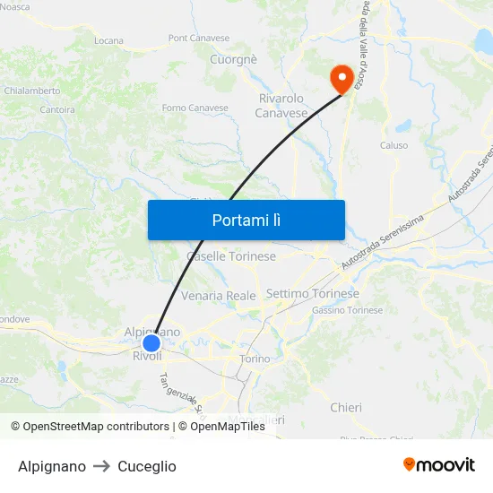 Alpignano to Cuceglio map