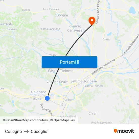 Collegno to Cuceglio map