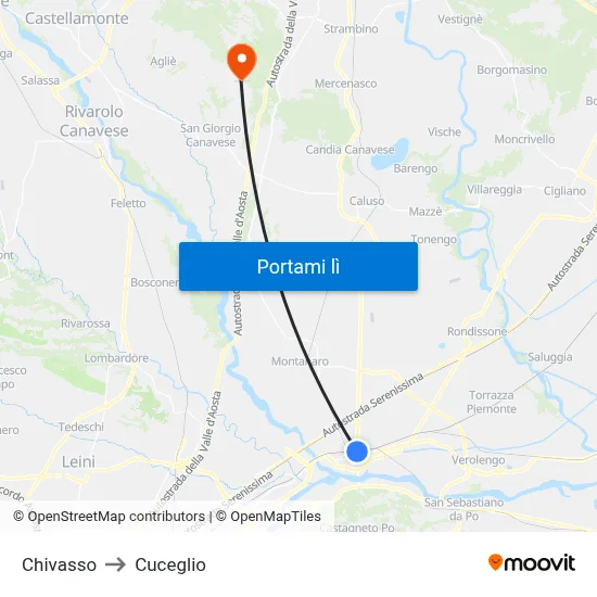 Chivasso to Cuceglio map