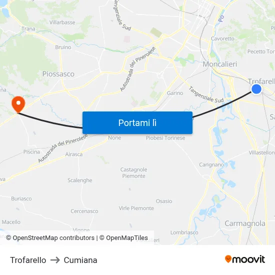 Trofarello to Cumiana map