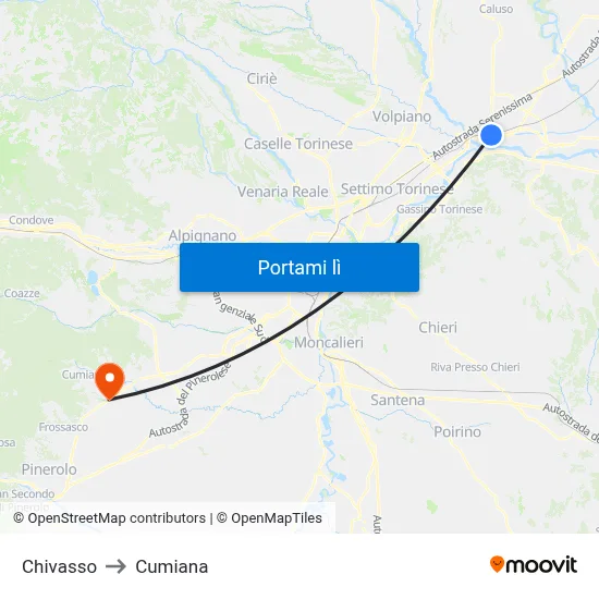 Chivasso to Cumiana map