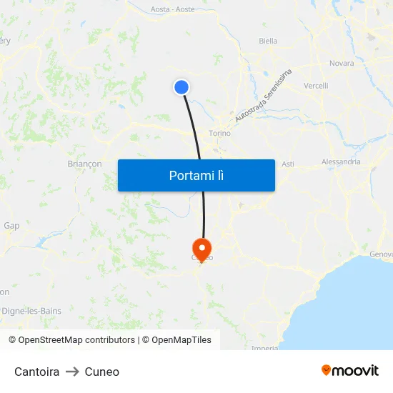 Cantoira to Cuneo map