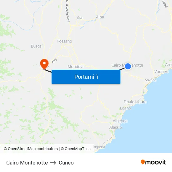 Cairo Montenotte to Cuneo map