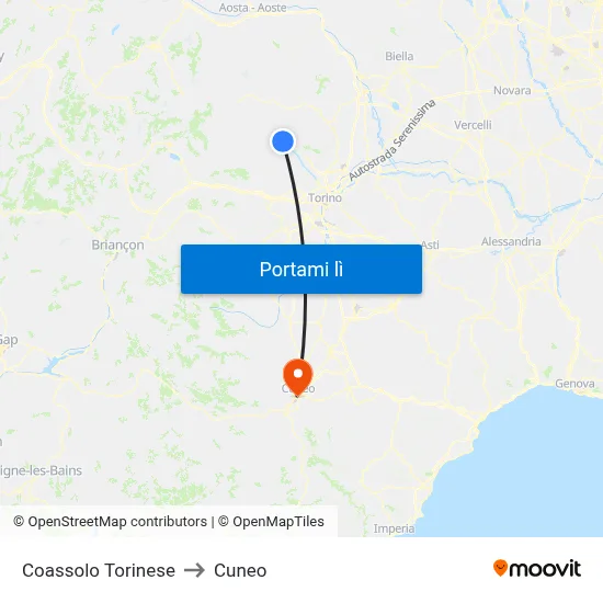 Coassolo Torinese to Cuneo map