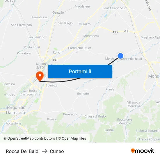 Rocca De' Baldi to Cuneo map