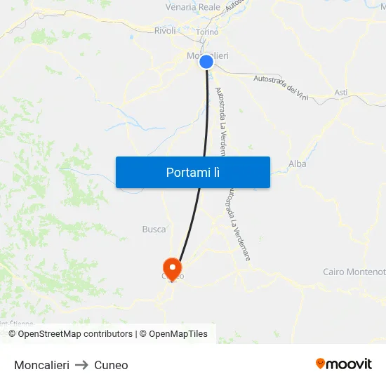 Moncalieri to Cuneo map