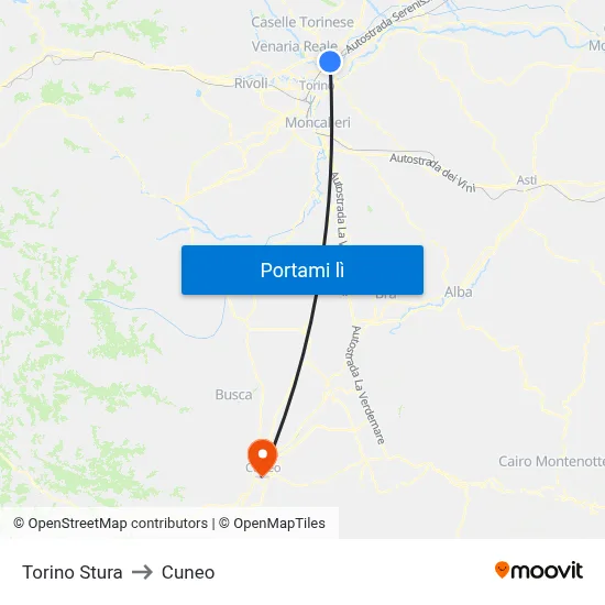 Torino Stura to Cuneo map